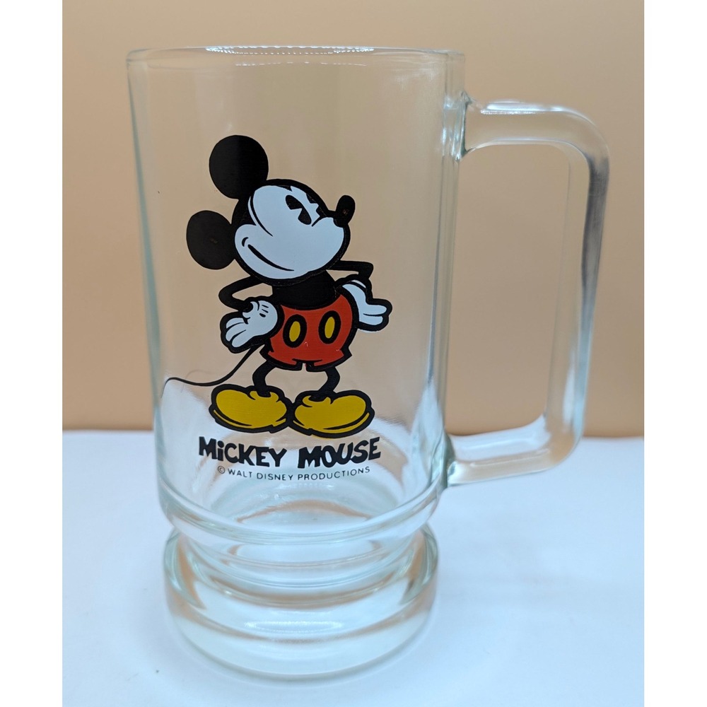Vintage Walt Disney Mickey Mouse Clear Glass Mug Stein Pedestal Base 5.5"